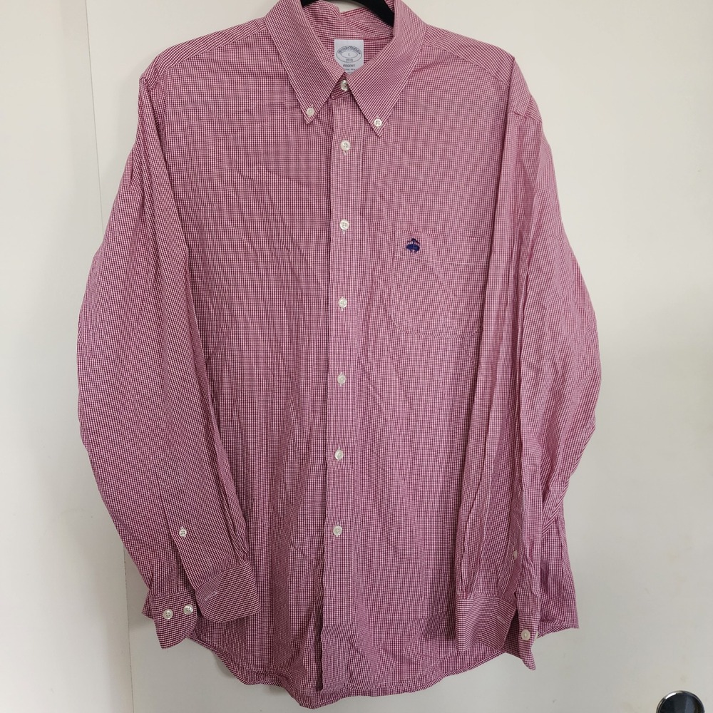 Brooks Brothers Button Down Shirt Mens L Red Gingham Regent Fit Long Sleeve Logo